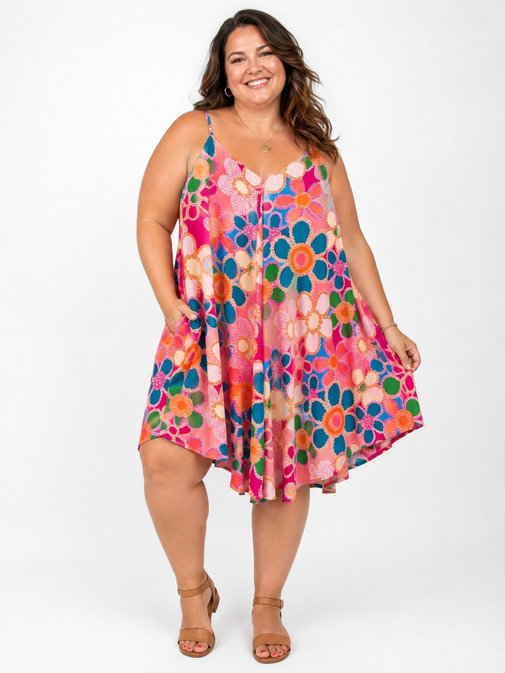 Emily Wonder 3X Pink Floral Swing Dress Boho Handkerchief Hem NWOT
